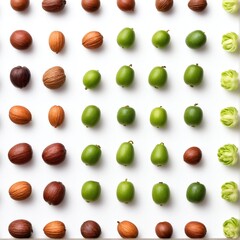 Organized Arrangement of Fresh Fruits and Nuts in Rows, Displaying a Spectrum of Natural Textures and Color Variations