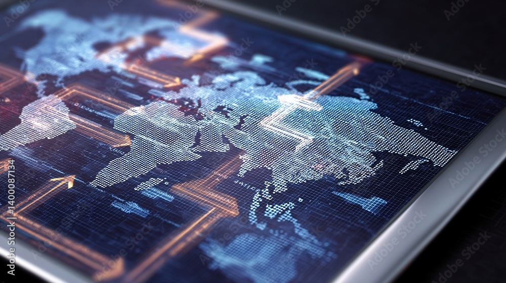 Poster global map with currency exchange arrows layered for analysis