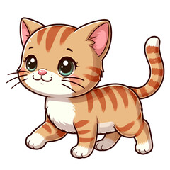 Obraz premium Charming cartoon illustration of a cute tabby kitten with big, adorable eyes, orange and brown stripes, and a playful expression. Represents adorable animals, pets, and children's themes.
