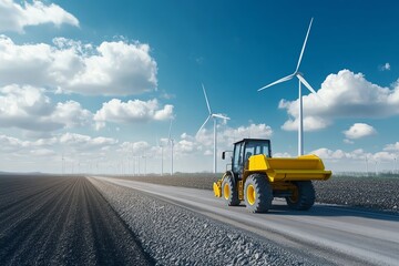 Fototapeta premium Grader working beside wind turbines on access road, renewable energy zone, 3D illustration