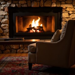 Relaxing by a Cozy Fireplace Warmth and Comfort of a Winter Evening in a Rustic Stone Room
