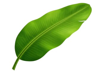 Fototapeta premium Illustration of a single bright green banana leaf with prominent veins on a white background plain view