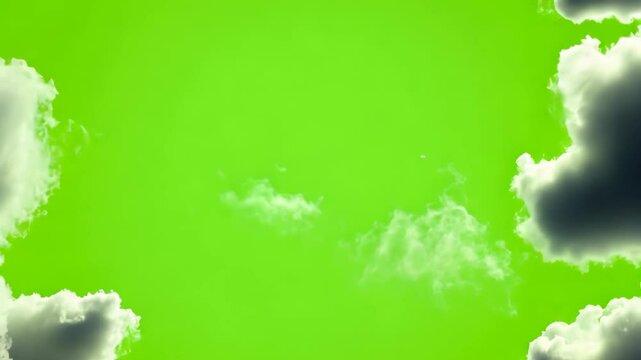 Vibrant green screen backdrop showcasing white clouds with a dark gray border and some wispy cloud formations in the center.