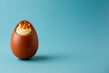 Milk chocolate Easter egg filled with smooth cream and topped with caramelized hazelnuts, placed on a soft blue background. Perfect for product displays or packaging, with space for text.