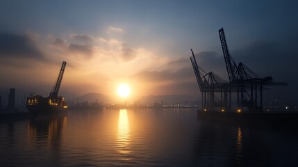 Fototapeta premium Crane silhouette at dusk on urban skyline, dramatic lighting, 3D illustration