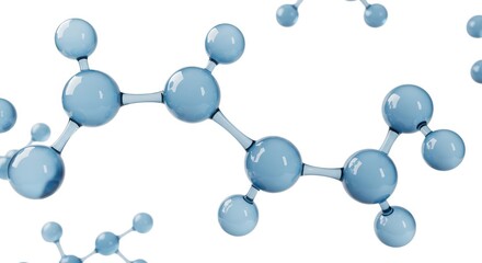 Close up of a molecule structure with blue spheres and transparent connectors on white background