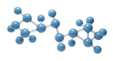 Close up of a molecular structure with blue spheres connected by clear rods on a white background
