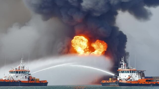 Fire boats extinguishing burning oil rig at sea