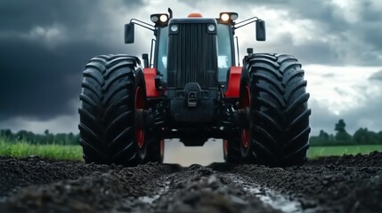 Obraz premium Front view of grader with large tires and sharp blade, mechanical strength image
