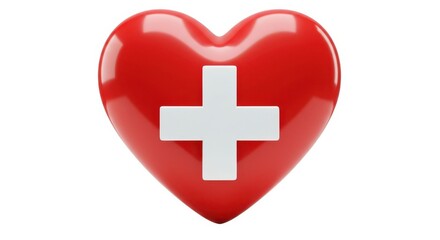 Obraz premium A red heart with a white plus sign centered on it against a plain white background in a close up shot