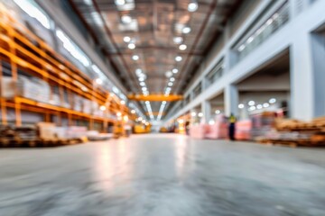 Blurred view of a warehouse interior with shelves, overhead crane and bright lights.