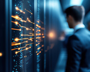 professional man in suit interacts with digital interface displaying data visualizations, symbolizing technology and innovation in modern workspace