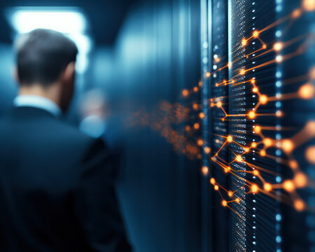 professional man in suit stands in data center, surrounded by server racks. image conveys sense of technology and innovation, with glowing data connections - Powered by Adobe