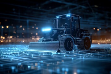 Autonomous grader with data overlay interface, futuristic construction AI