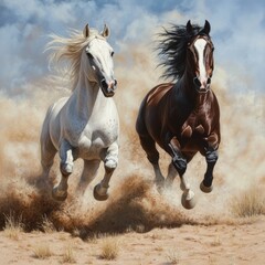 Fototapeta premium Two powerful horses galloping through a desert storm