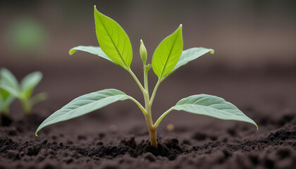 A small, bright green seedling emerging from the dark, fertile earth in the natural setting.