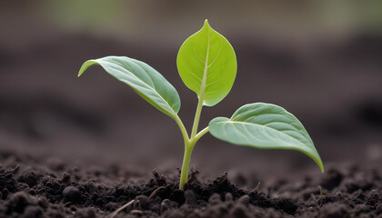 A young plant with lush green leaves growing from rich, dark soil, thriving.