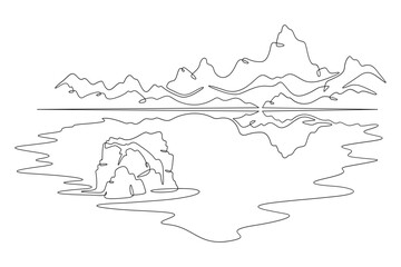 Mountain lake. High mountain reflected in water. Mountain landscape.Continuous one line drawing
