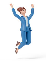 A joyful businesswoman jumps in the air. Symbolizes success and achievement. 3D rendering, conceptual image. Isolated on white background.