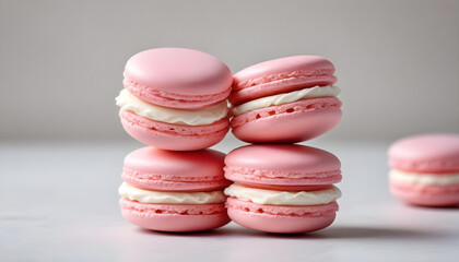 Obraz premium A stack of beautiful pink macarons, the sweet French dessert with creamy filling, on a light background.