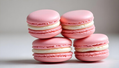 Fototapeta premium A delightful stack of pastel pink macarons with white filling, a classic French treat.