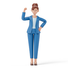 A woman raising his right fist, symbolizing strength and confidence in success. 3d rendering, conceptual image. Isolated on white background.