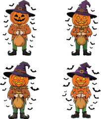 Halloween Pumpkin Head Scarecrow with Witch Hat and Bats - Spooky Cartoon Clipart Set