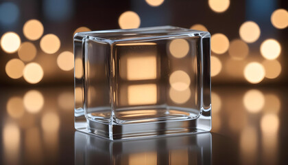 A clear glass cube stands with a soft, golden bokeh backdrop, creating a modern look.