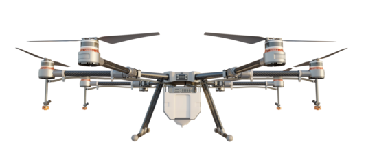Agriculture drone. Front view. Innovative agricultural technology. Isolated on a transparent background. 3D illustration.