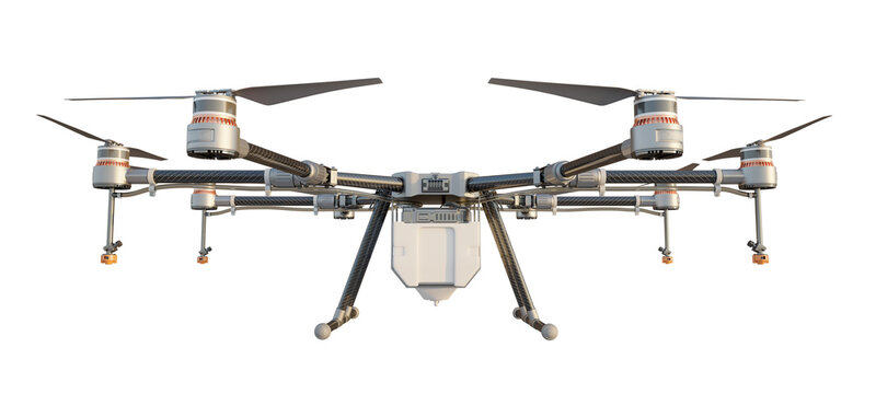 Agriculture drone. Front view. Innovative agricultural technology. Isolated on a transparent background. 3D illustration.