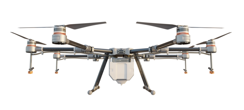 Agriculture drone. Front view. Innovative agricultural technology. Isolated on a transparent background. 3D illustration.