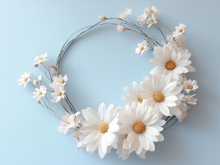 Daisy flower wreath on a pastel blue background. Elegant and simple spring floral decoration.