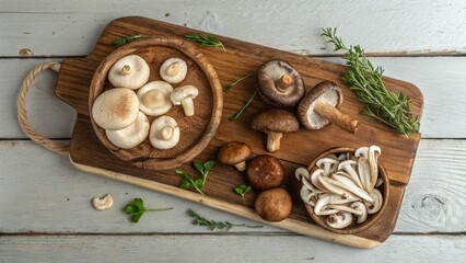 An assortment of edible mushrooms, featuring button, cremini, and a portobello cap, are presented on a dark wooden board with a sprig of green parsley, highlighting their natural textures and earthy t