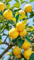 Close-up of ripe yellow lemons hanging from a branch of a lemon tree, surrounded by lush green leaves, in an orchard setting with bright sunlight filtering through the foliage
