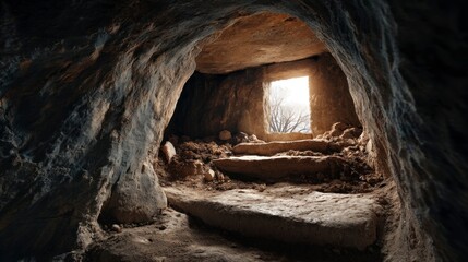 Exploring Dark Cave Interior with Stone Steps and Light at Entrance