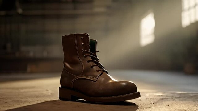 Leather Boot Standing on Concrete Floor with Light Rays Background