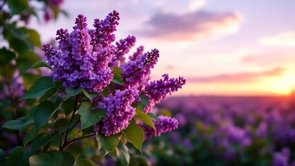 Obraz premium Blooming purple lilac flowers adorning a bush in a field during a vibrant sunset, creating a serene and colorful atmosphere filled with tranquility and natural beauty