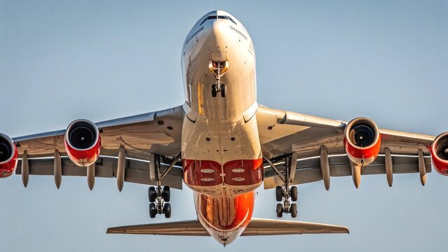 From a ground-level perspective, a wide-body, white airplane with four engines is seen climbing into a bright, cloudless sky, showcasing the power and engineering of modern air travel during departure