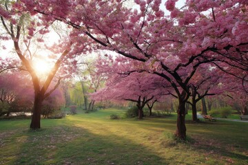 Fototapeta premium Blooming Cherry Trees in Park with Sunlight Streaming Through Branches