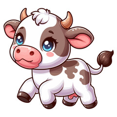 Charming cartoon illustration of a cute brown and white calf with big, adorable eyes and a gentle expression, taking a step. Represents adorable animals, farm animals, and children's themes.