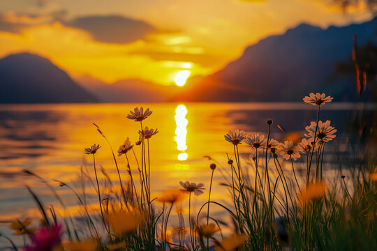 A closeup of vibrant wildflowers blooming on the coastline, a tranquil lake in the background, and a captivating sunset casting a golden glow over distant mountains.