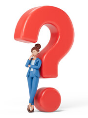 A woman contemplates next to a large question mark, symbolizing confusion or contemplation. 3D rendering, conceptual image. Isolated on white background.