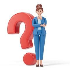 A woman stands thoughtfully beside a large question mark, symbolizing doubt or inquiry. 3D rendering, conceptual image. Isolated on white background.
