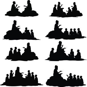 Gurukul Silhouette Vector &ndash; Ancient Indian Guru Teaching Disciples Illustration for Guru Purnima