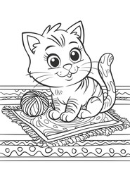 Coloring page for children. A cheerful kitten plays with a ball of yarn on a rug.