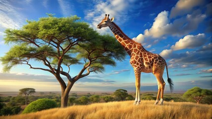 Obraz premium Tall giraffe, a wild mammal with a long neck, in the African savanna