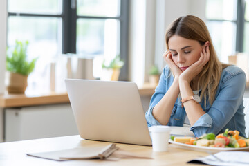 A photograph of a young woman sitting at a wooden table, leaning on her hands while looking at a laptop screen with a worried expression, surrounded by plants and food.