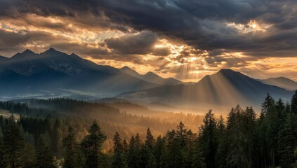 Mountain Peaks and Forest Landscape with Sun Rays Through Dramatic Clouds