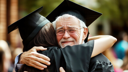 Elderly caucasian male embraces graduate young female in celebration