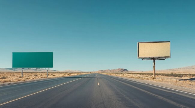 Empty roadside billboards on a desert highway